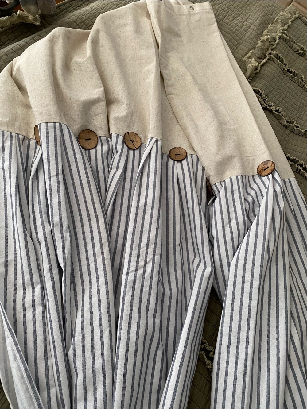Striped Blue & Cream shower curtains with Wood Button Detail